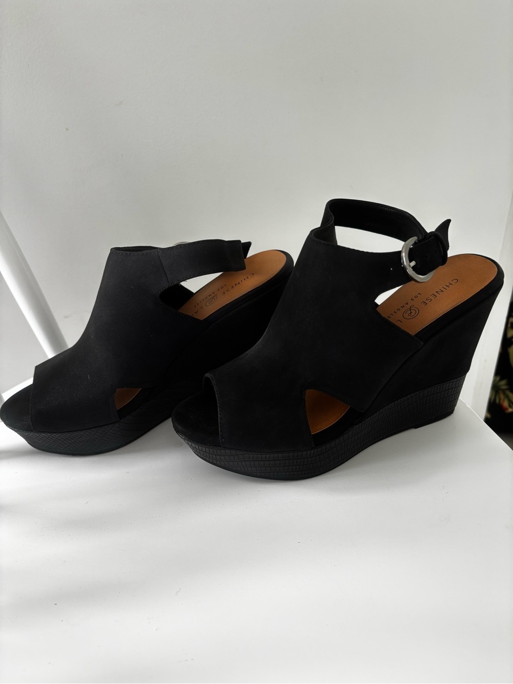 Chinese Laundry Black Peep-Toe Platform Wedge Sandals with Buckle